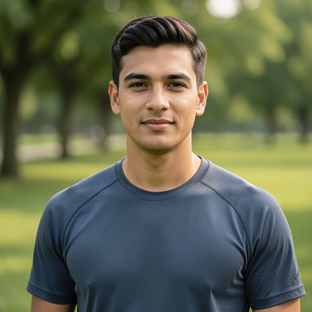 Portrait of Sebastian Linwood photographed outdoors in a green park setting, wearing casual active clothing with natural light