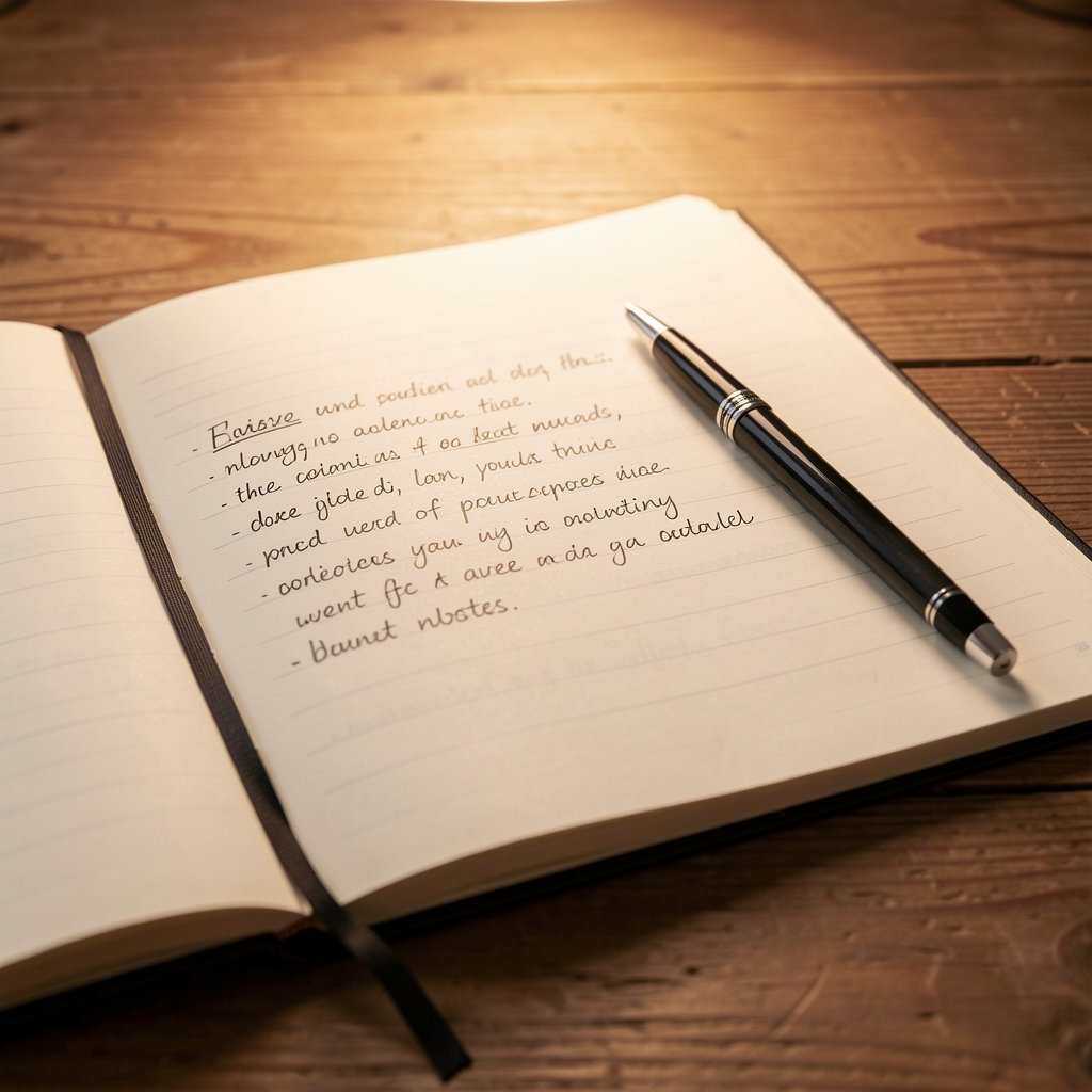 Close-up of open notebook and pen on a wooden desk with editorial notes written in clear script, warm studio lighting from above