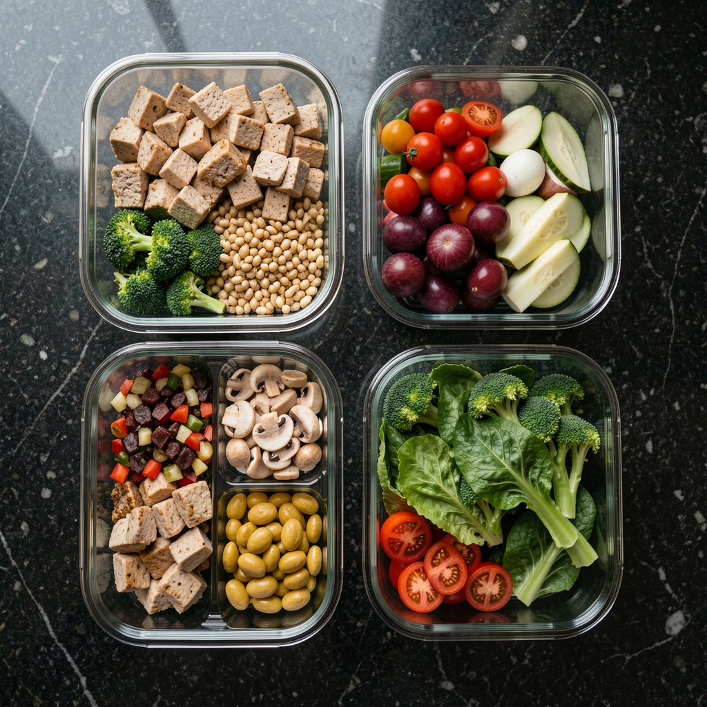 Organised meal prep containers with lean proteins and vegetables on a clean kitchen counter, natural daylight