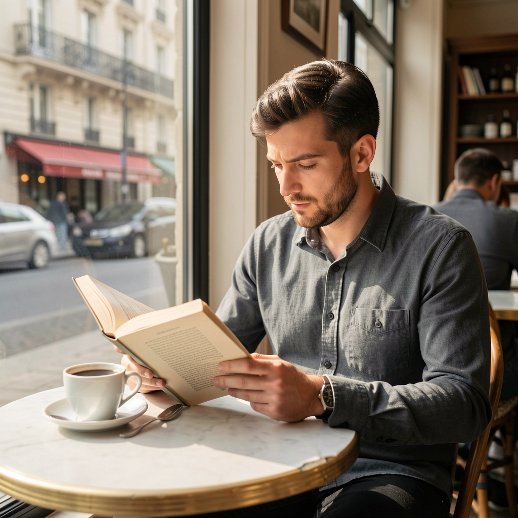 Man reading a book at a sunlit cafe table in Paris, a cup of black coffee beside him, relaxed focused posture